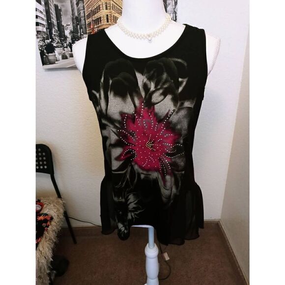 Shannon Ford New York Designer Floral Studded Tank Top w/ruffle clear bottom M - Picture 1 of 5